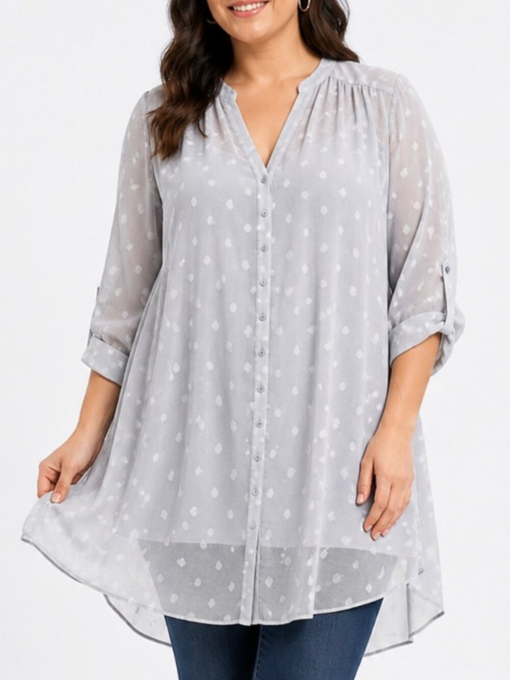 Torrid Sheer Polka Dot Tunic Top 3X Gray Chiffon Button Front Plus Blouse